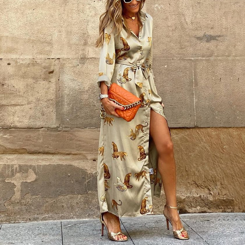 Women Vaction V neck Mid waist Single breasted Dress