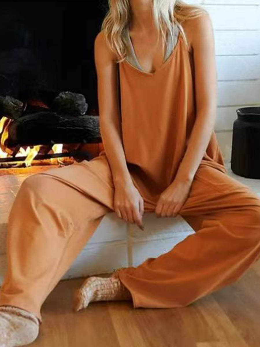 Casual Solid V Neck Pockets Jumpsuits