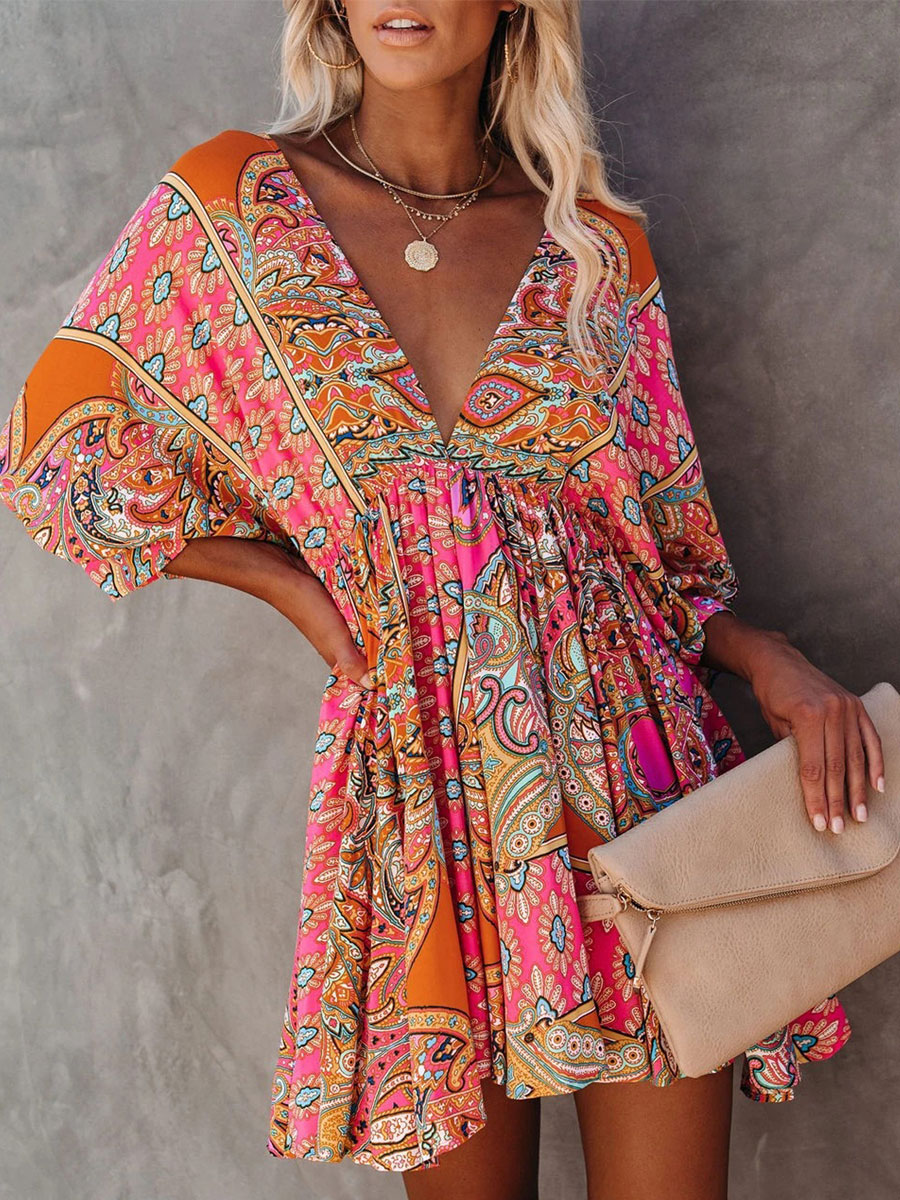 V neck Loose Casual Paisley Print Holiday Long Sleeve Short Dress