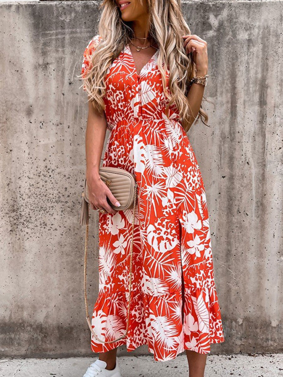 V neck Loose Casual Floral Print Vacation Short Sleeve Maxi Dress