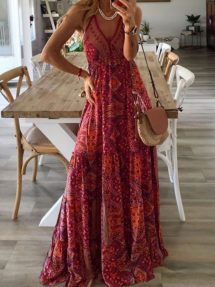 V neck Loose Casual Paisley Print Holiday Sleeveless Maxi Dress