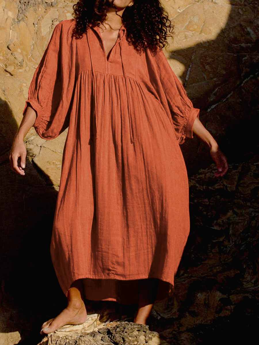 Loose Linen V Neck Half Sleeves Midi Dress