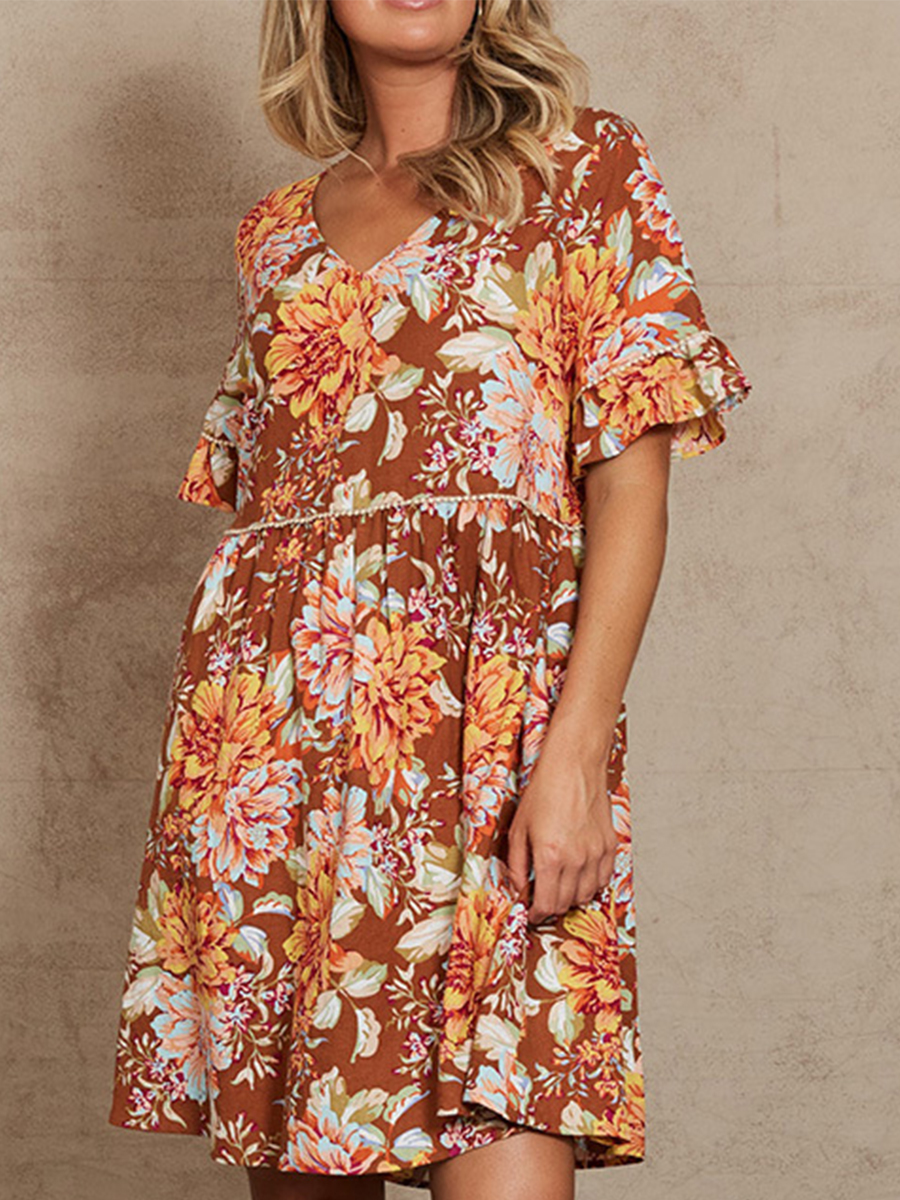 V Neck Short Sleeves Floral Printed Short Dress