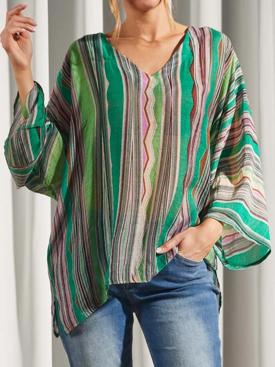 Women Casual Long Sleeves Stripes V Neck Blouse