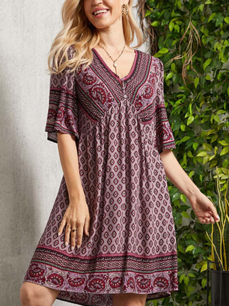 V Neck Short Sleeves Printed Short Dress