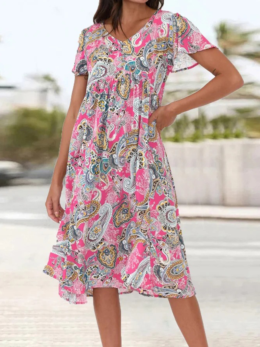 V Neck Short Sleeves Printed Casual Midi Dress