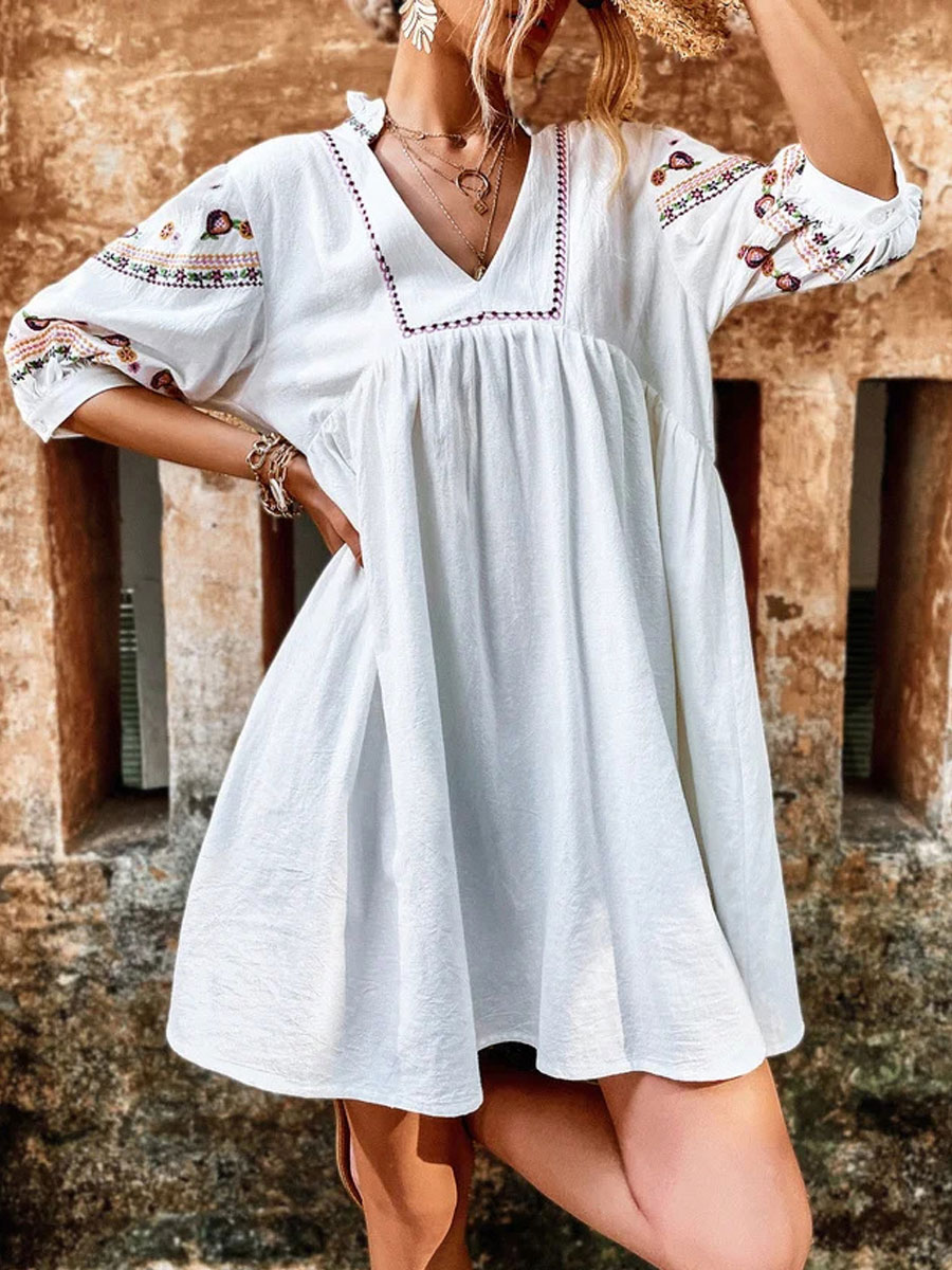 V neck Casual Loose Embroidery Vacation Long Sleeve Short Dress