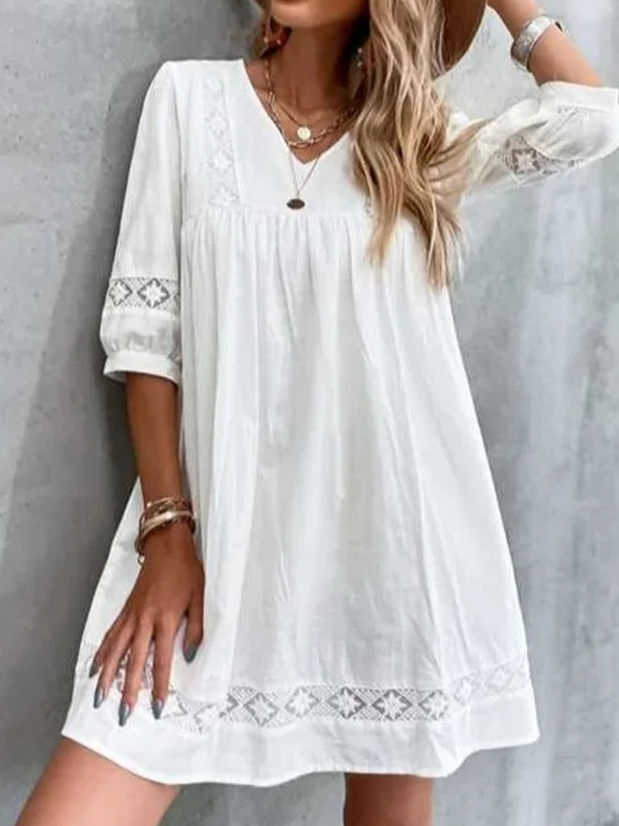 V neck Casual Loose Embroidery Vacation Long Sleeve Short Dress
