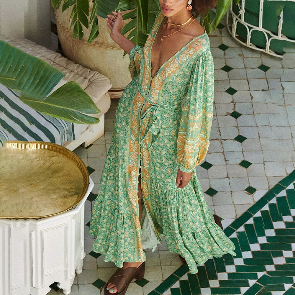 Ladies Bohemian Casual Ethnic Style Deep V Neck Dress
