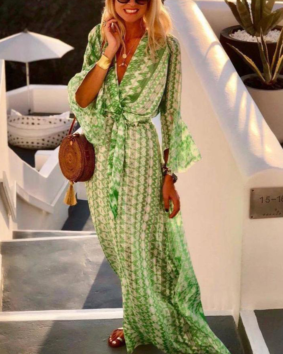 Ladies Loose Holiday Elegant V Neck Printed Strap Long Sleeve Dress Bohemian Long Dress
