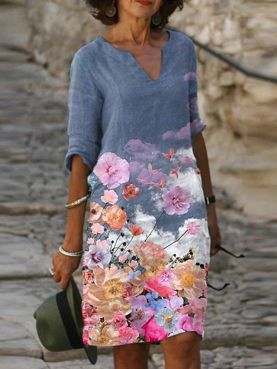 Womne Half Sleeves V Neck Printed Short Dress