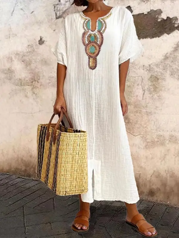 V-neck Casual Loose Retro Ethnic Print Short-sleeved Maxi Dress - Machoup.com 
