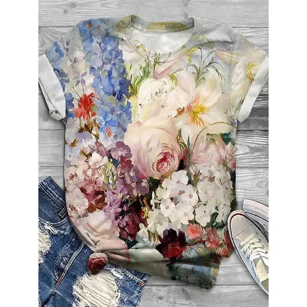 Round Neck Casual Loose Floral Print Short Sleeve T-Shirt - Chrisitina.com 