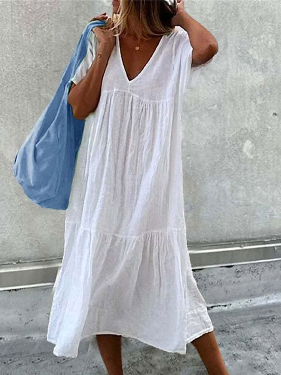 V-neck Casual Loose Floral Print Short Sleeve Dress Midi Dress