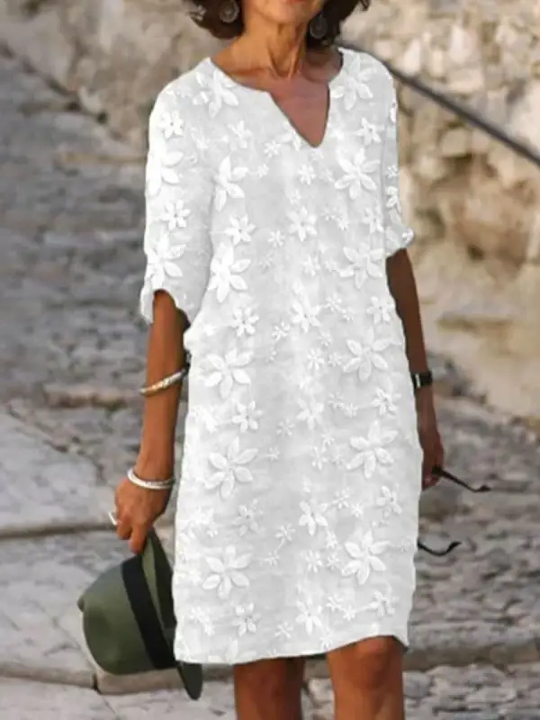 V-neck Casual Loose Lace Stitching Short-sleeved Short Dress - Machoup.com 