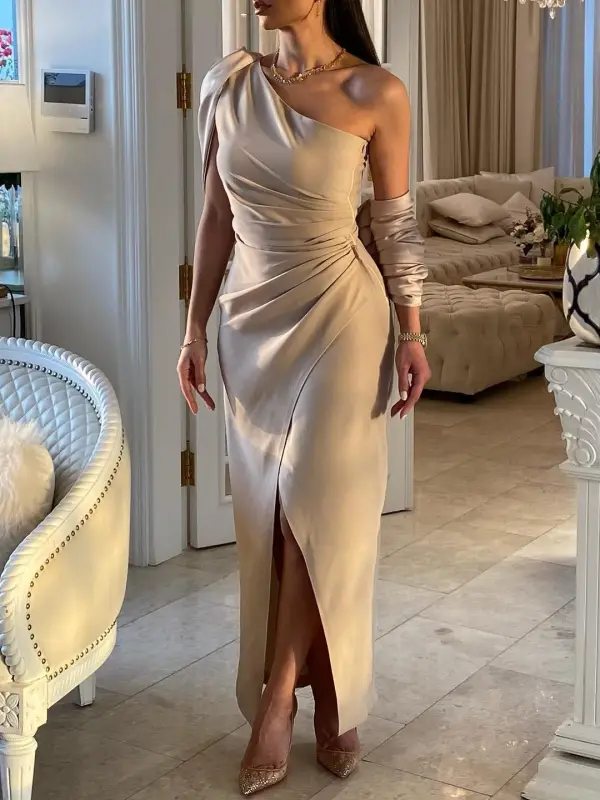 Women's Elegance Asymmetric Drop Shoulder Shawl Slit Dress - Viewbena.com 