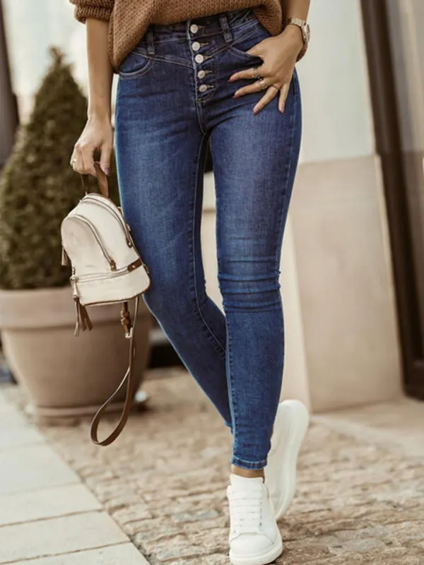 Dark Blue Buttoned Stretch Slim Jeans - Realyiyi.com 