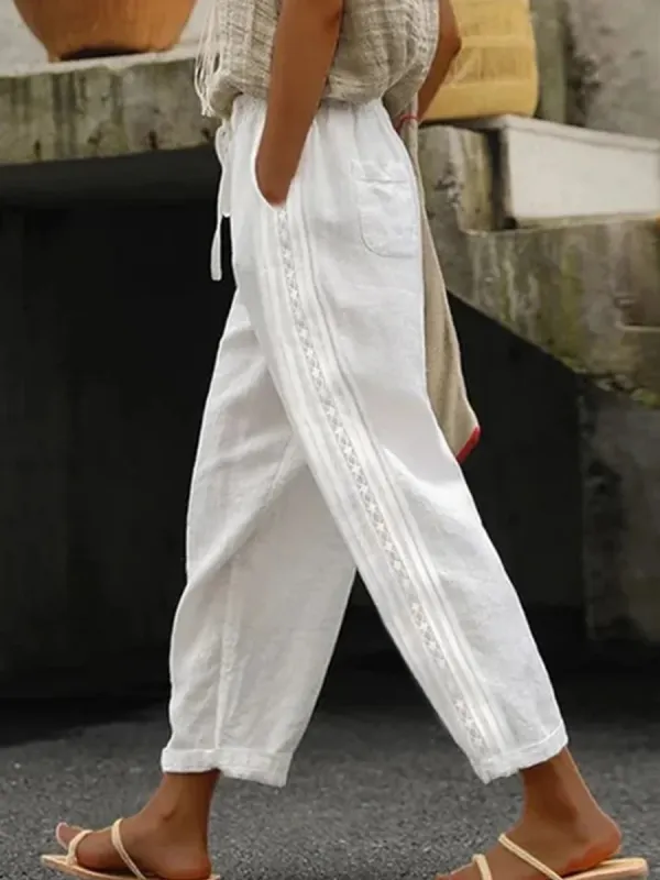 Women Solid Casual Linen Pants - Machoup.com 