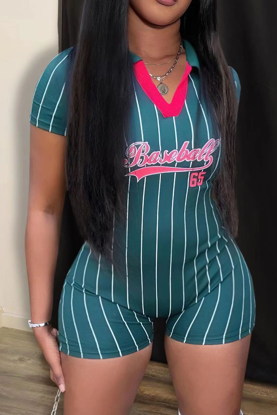 Women's Fashion Baseball Sports Chic Stripe Print Jumpsuit