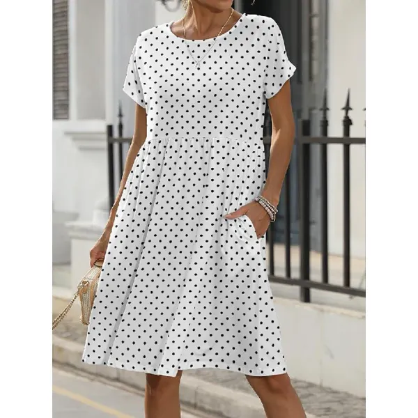 Short Sleeve Round Neck Pocket Polka Dot Short Dress - Chrisitina.com 