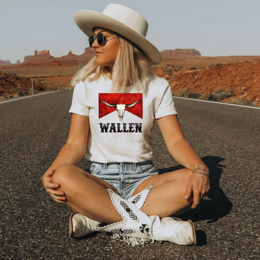 

Women Cowboy Western Graphic Vintage Vacation Wallen Cotton T-Shirt