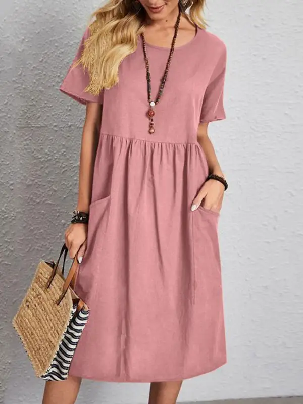 Round Neck Loose Casual Solid Color Vacation Short Sleeve Midi Dress - Machoup.com 