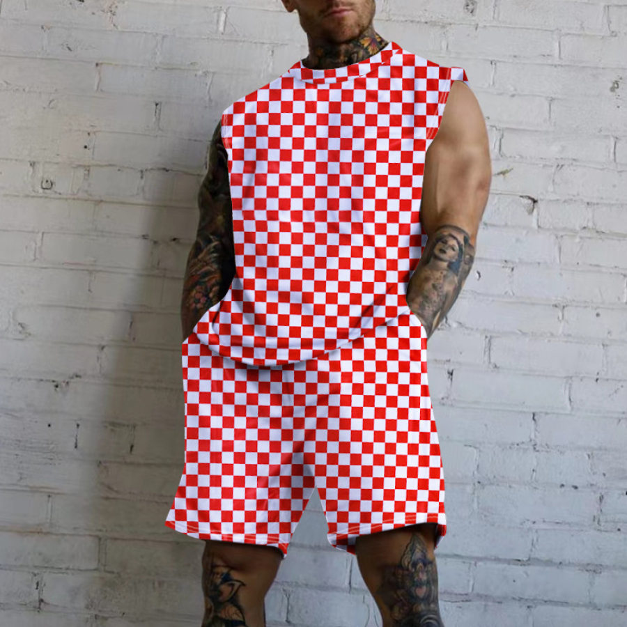 

Mens Classic Checkerboard Sleeveless Tee And Shorts Suits