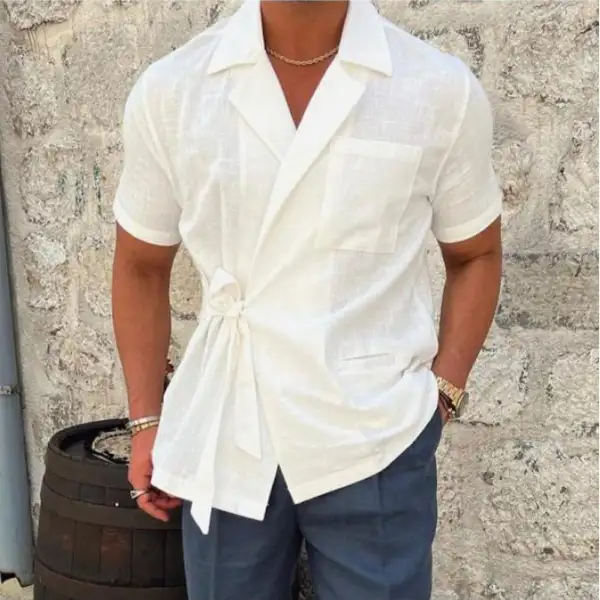 Men's Solid Color Linen Suit Lapel Lapel Short Sleeve Shirt Jacket - Fineyoyo.com 