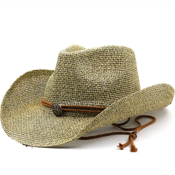 Old Stone Straw Cowboy Cowgirl Hat For Men Women Wide Brim Sun Western Style Hat - Fineyoyo.com 