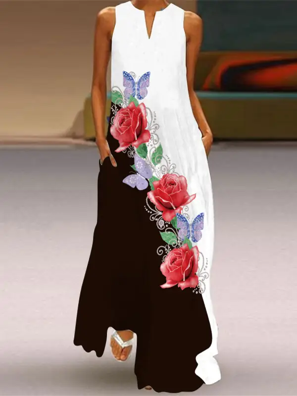 V-Neck Casual Loose Floral Print Resort Sleeveless Maxi Dress - Cominbuy.com 