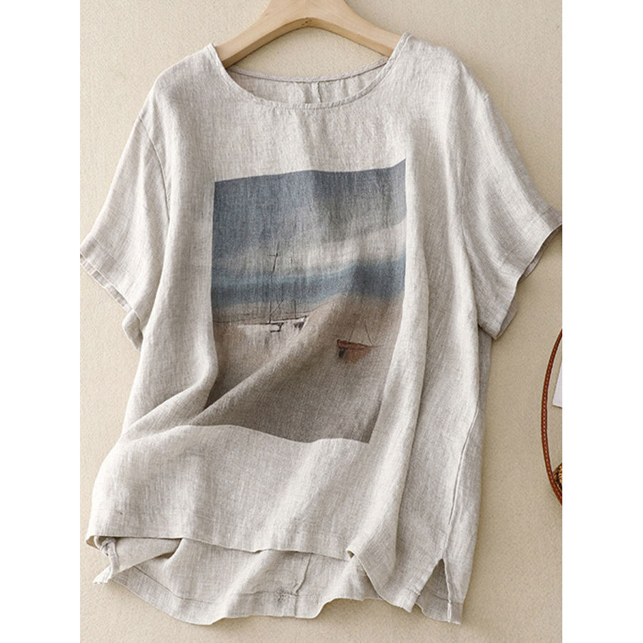

Blusa Informal De Manga Corta Con Cuello Redondo Y Estampado Suelto