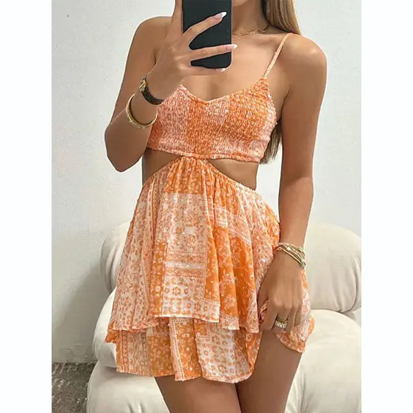 Hollow Strap Short Dress - Chrisitina.com 