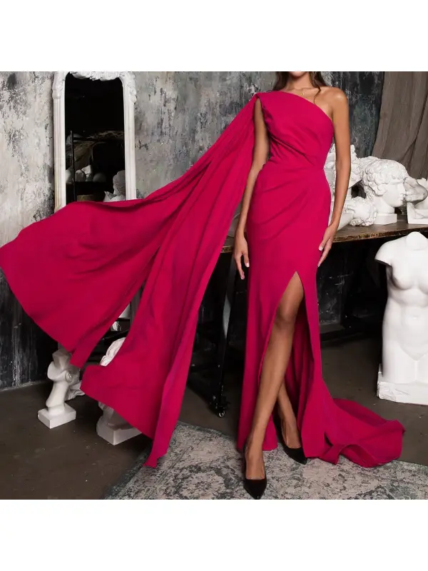 Women's Elegant Sexy Sloping Shawl High Waist Slit Dress Long Skirt - Viewbena.com 