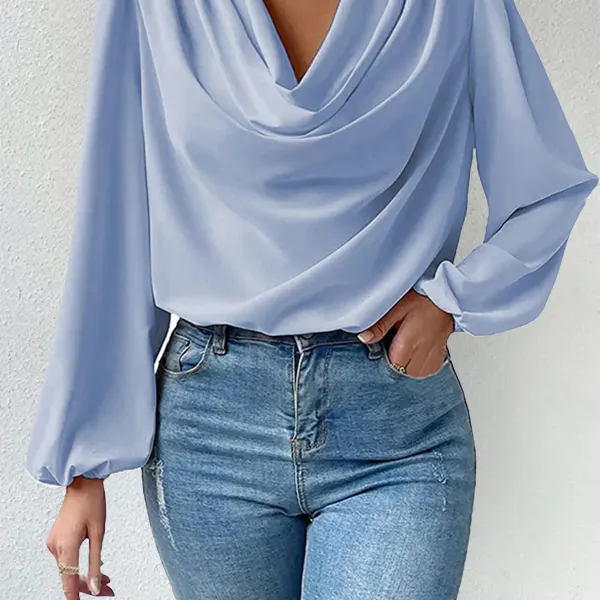 Women's Vintage Solid Elegant Pleated Puff Sleeve Shirt - Kalesafe.com 