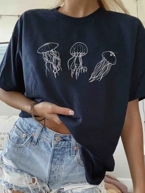 Women's Jellyfish Print Loose T-Shirt - Machoup.com 