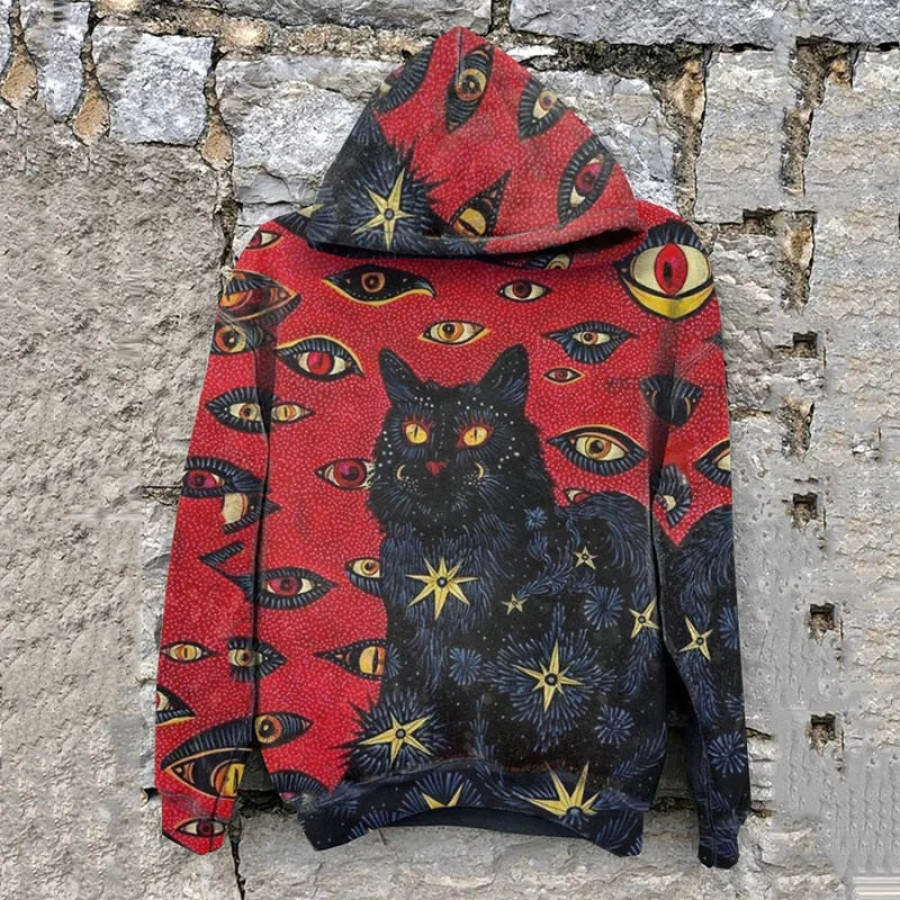 

Men's Retro Hooded Sweatshirt Vintage Cat Eyes Pattern Autumn Winter Hoodies Streetwear