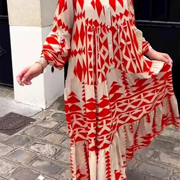 Women's Bohemian Geometric Print Loose Long-sleeved Dress - Kalesafe.com 