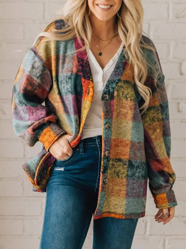 Women's Fleece Thermal Coat Western Multicolor Plaid Loose Jacket - Viewbena.com 