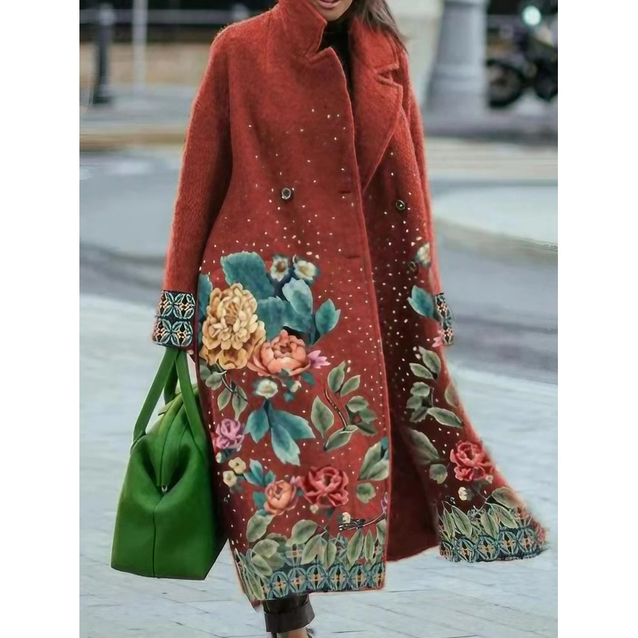 

Женское толстое шерстяное пальто средней длины с цветочным принтом в стиле ретро