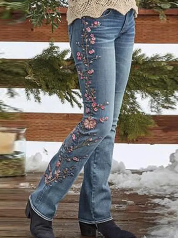 Women's Retro Embroidered High Waist Jeans Micro Elastic Slim Flared Jeans - Viewbena.com 