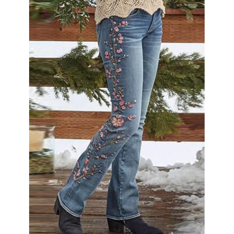 

Women's Retro Embroidered High Waist Jeans Micro Elastic Slim Flared Jeans