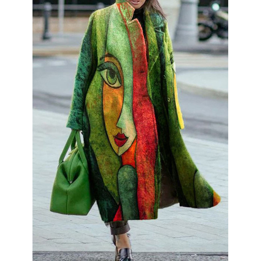 

Women's Retro Abstract Print Thick Mid-Length Woolen Coat