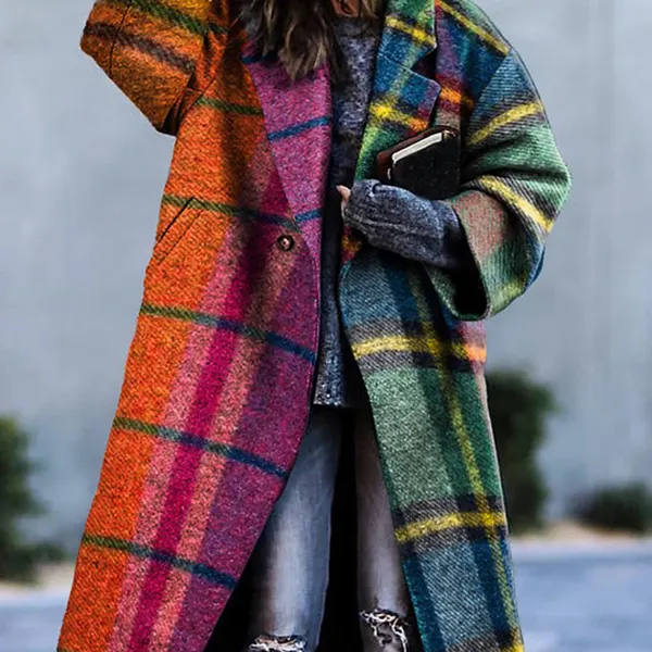 Women's Tweed Retro Colorful Plaid Print Thick Mid-Length Woolen Coat