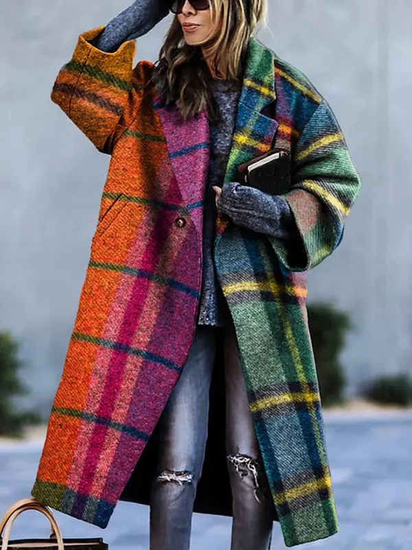 Women's Retro Colorful Plaid Print Thick Mid-Length Woolen Coat - Cominbuy.com 