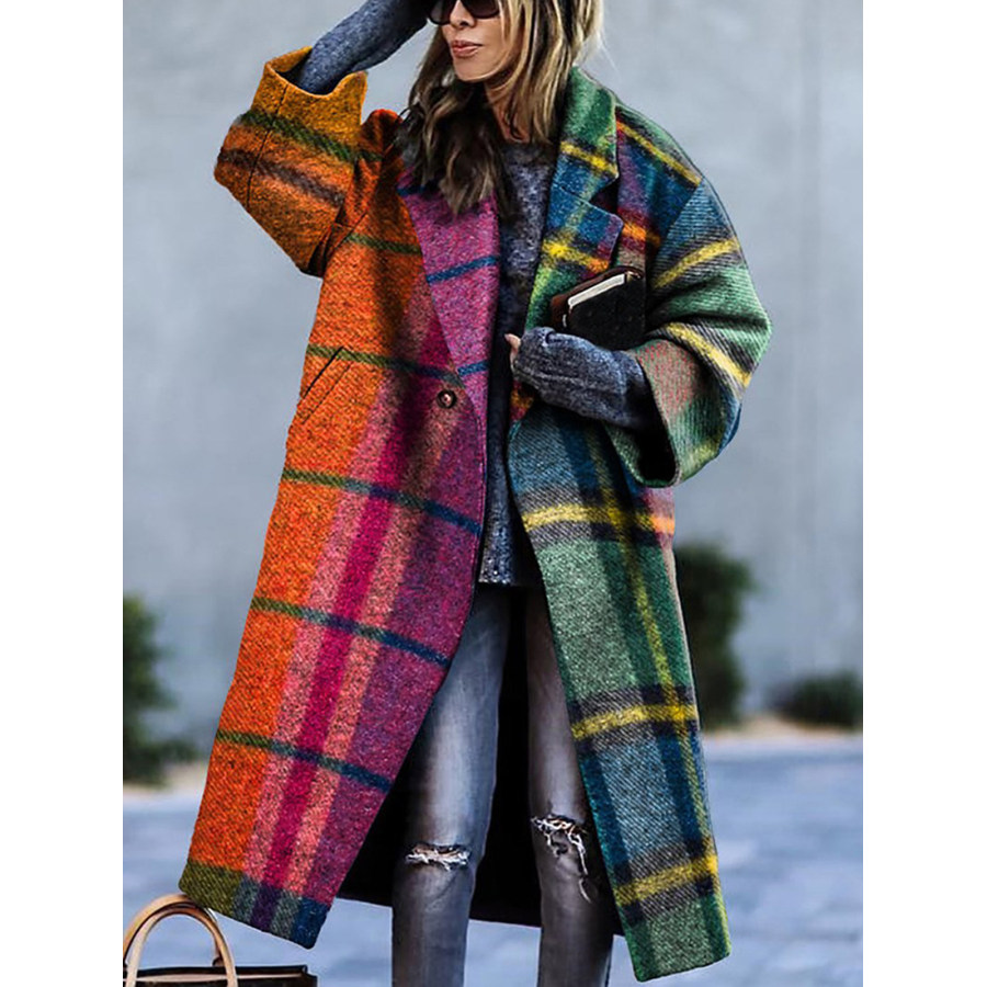 

Women's Tweed Retro Colorful Plaid Print Thick Mid-Length Woolen Coat