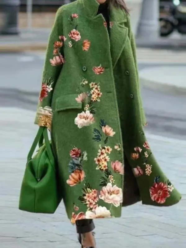 Women's Retro Floral Print Thick Mid-Length Woolen Coat - Cominbuy.com 