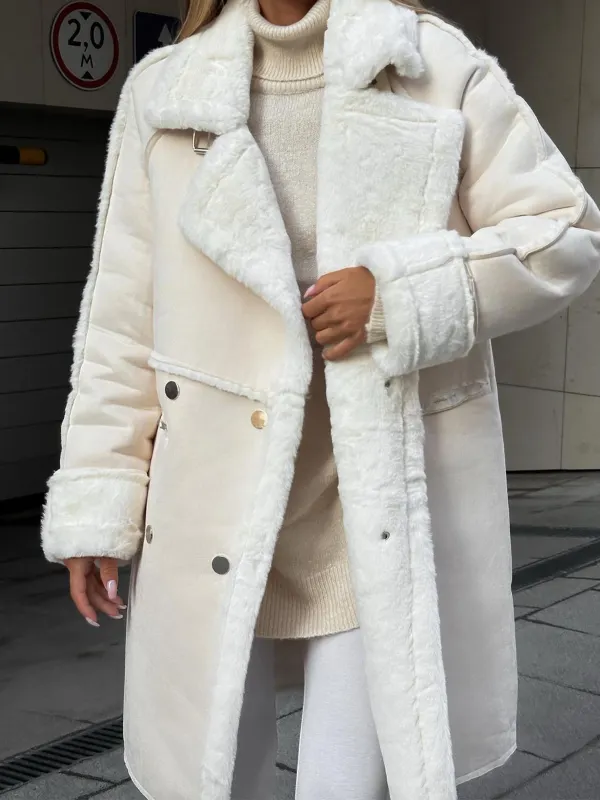 Women's Suede Coat Suit Collar Long Cardigan Long Sleeve Plush Jacket - Viewbena.com 