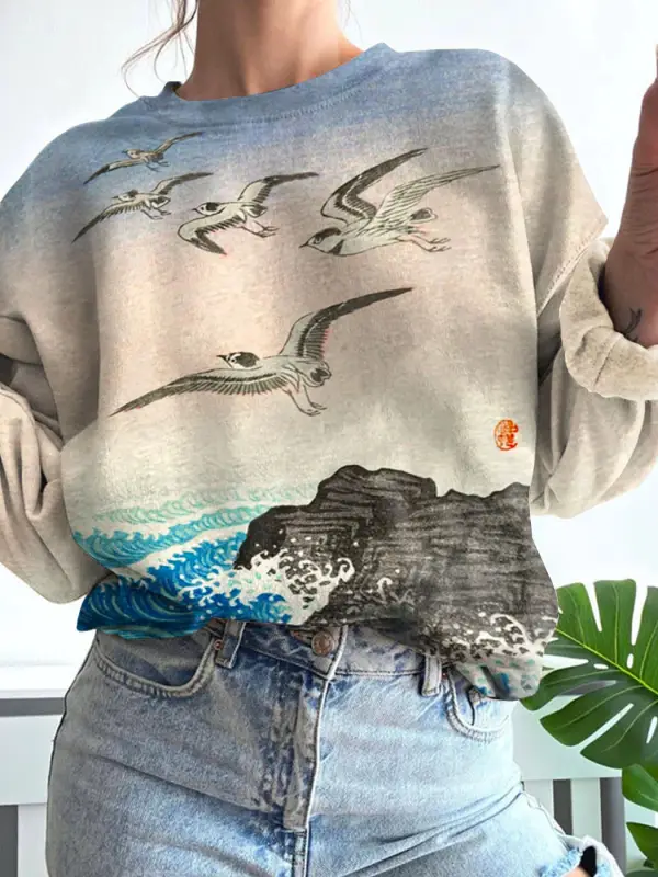 Japanese Art Painting Seagull Print Sweatshirt - Cominbuy.com 