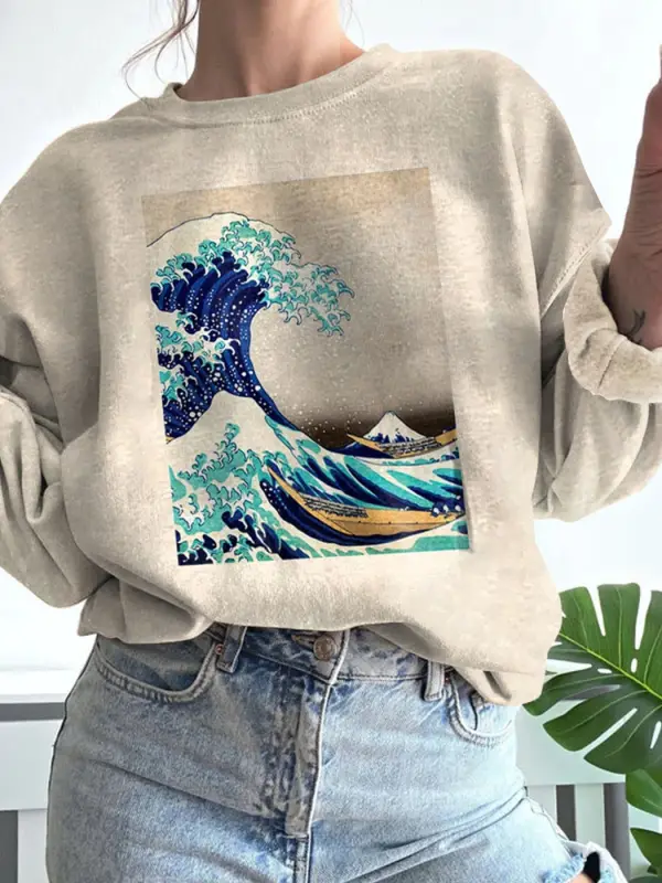 Japanese Art Wave Print Retro Sweater - Cominbuy.com 
