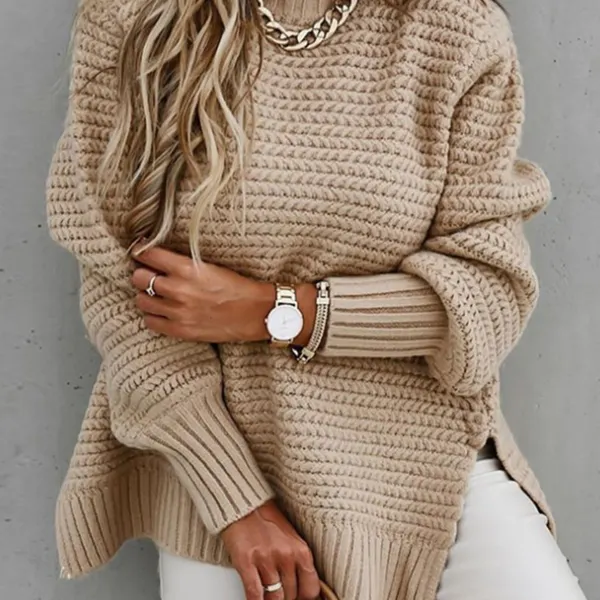 Women's Solid Color Loose Knitted Casual Side Slit Sweater - Cotosen.com